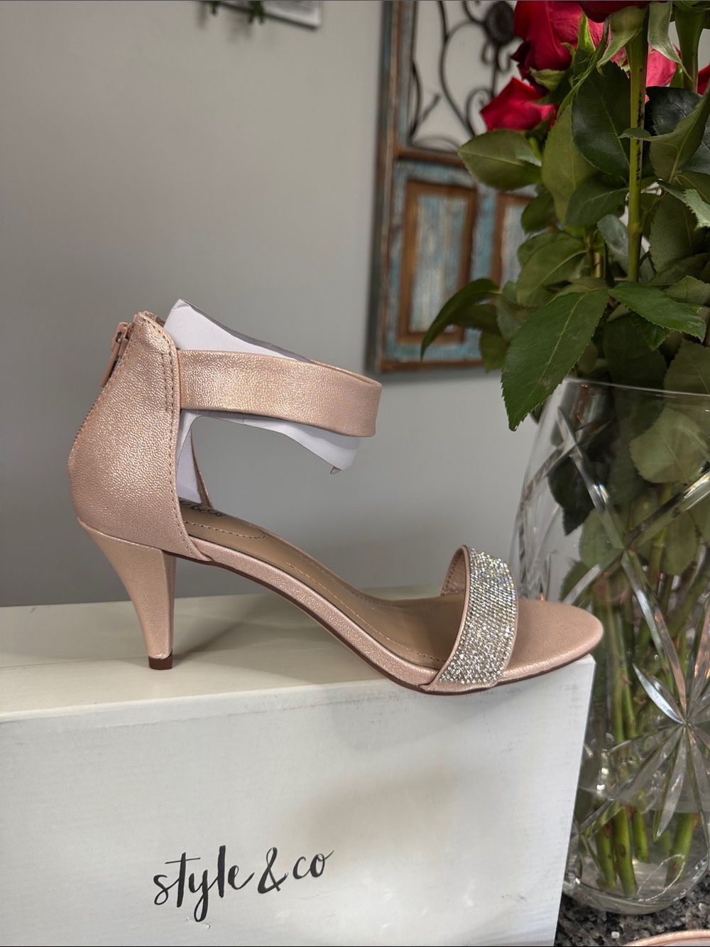 Style & Co. Women's Rose Gold Rhinestone Ankle-Strap Heels